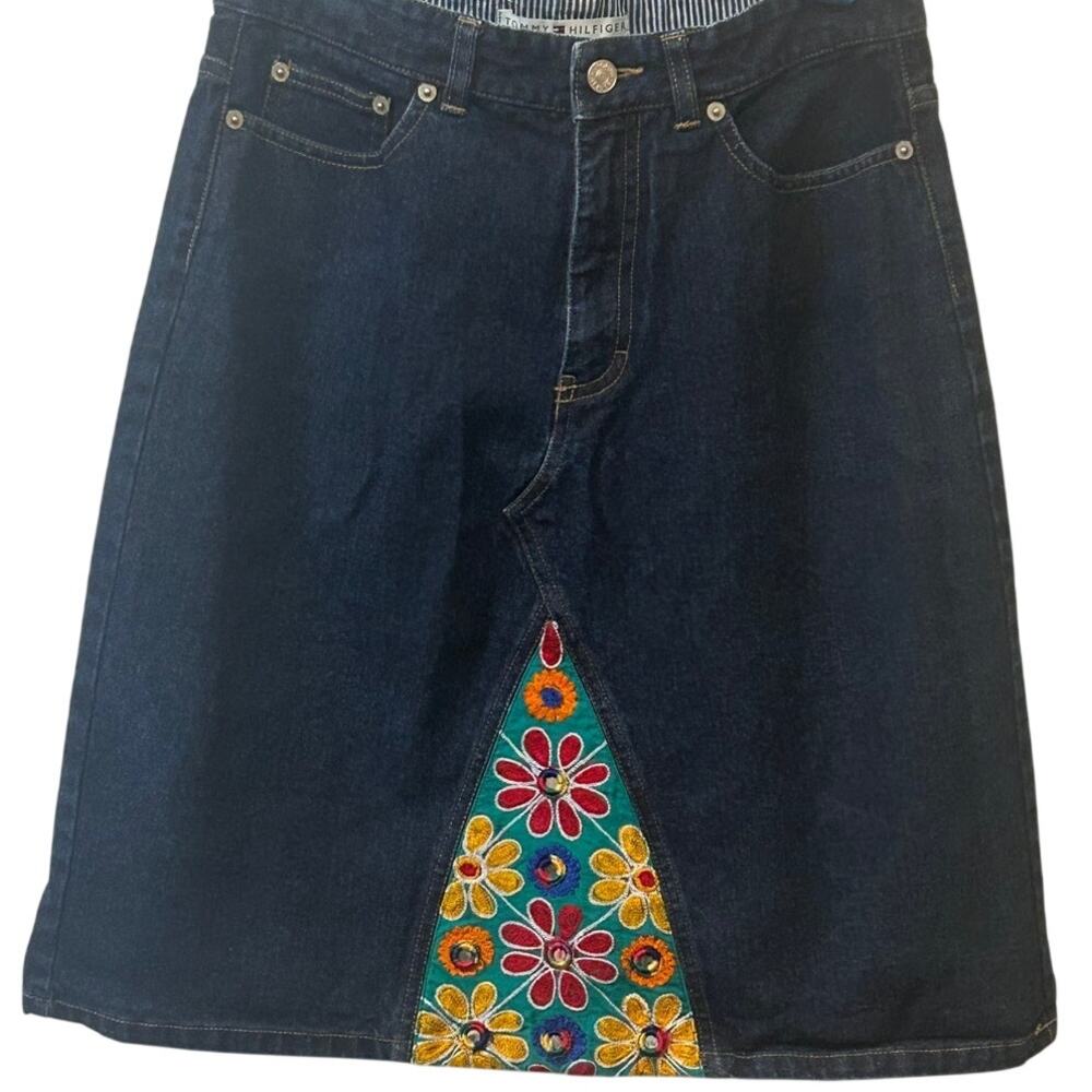 Tommy Hilfinger Vintage dark blue A line skirt turquoise insert panel sz 8